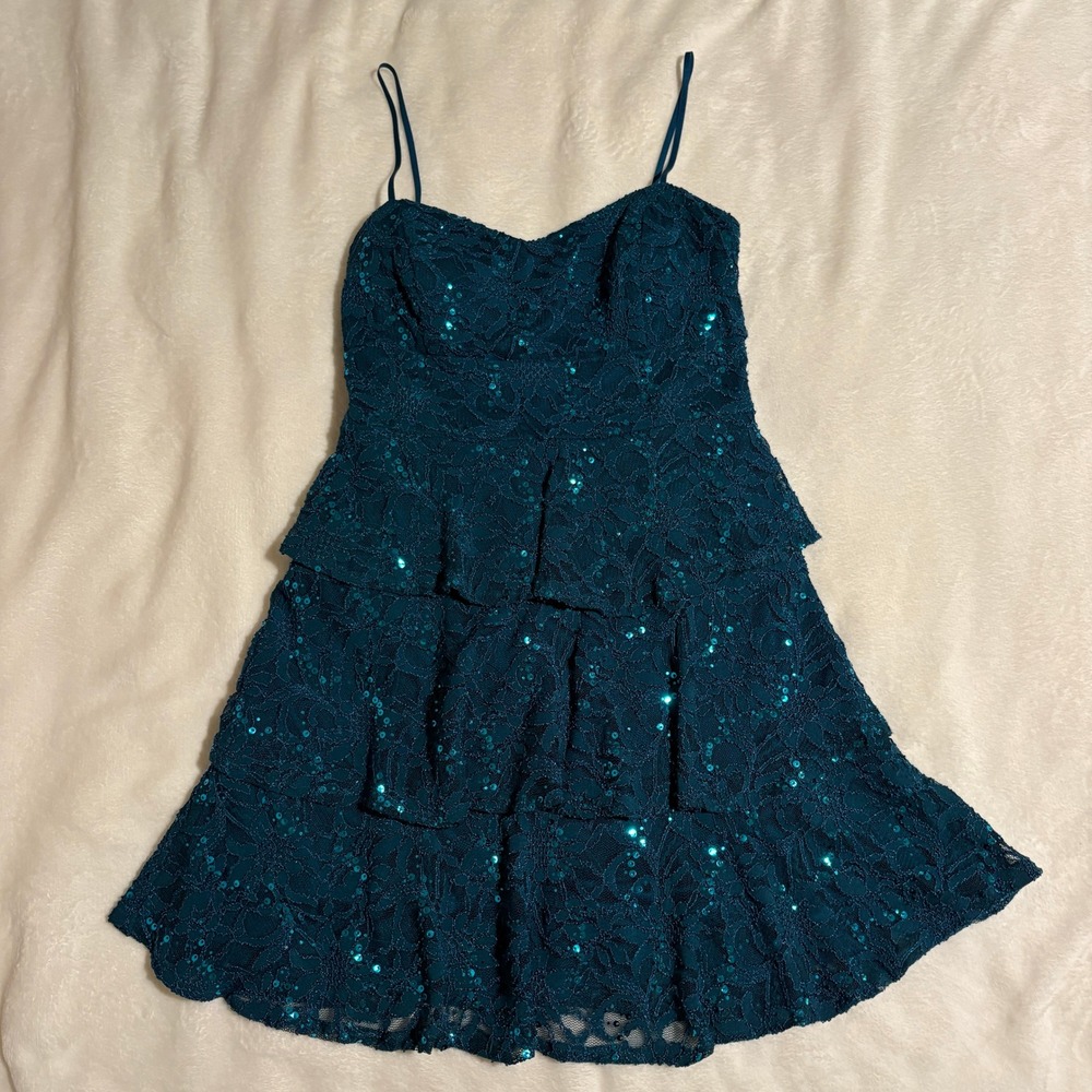 B. Darlin Teal Lace Sequin Tiered Mini Dress Sweetheart 13/14 17BW3594